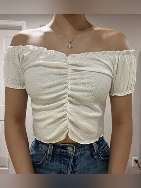 Off-Shoulder Ruched White Crop Top